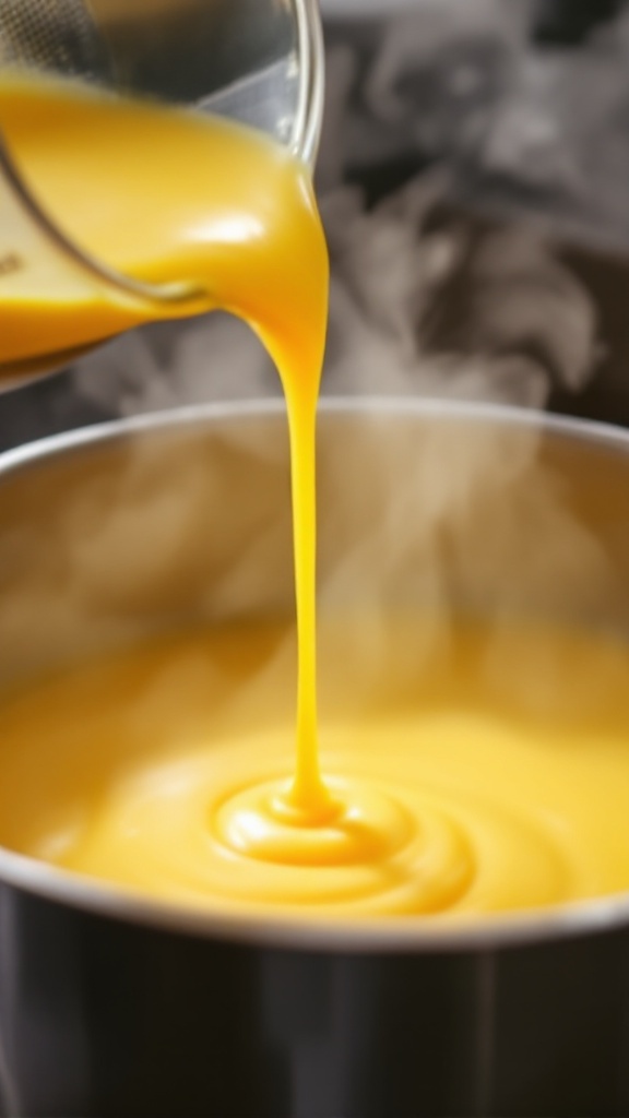 Process of tempering eggs for béchamel, hot sauce being whisked into beaten eggs with visible steam