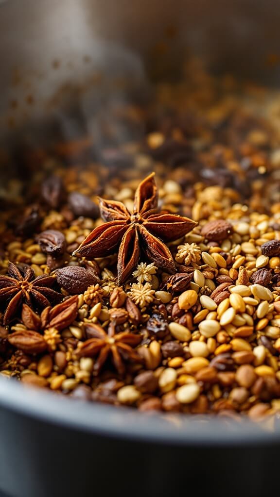 Whole spices including cinnamon sticks, star anise pods, cloves, coriander, and fennel seeds toasting in a stainless steel pot, slightly browning and releasing aromatic oils