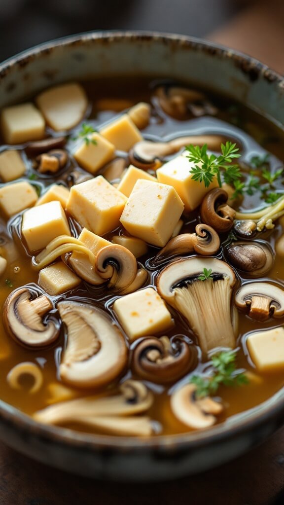 Adding cubed tofu and mixed mushrooms to clear golden broth, creating gentle ripples in the surface.