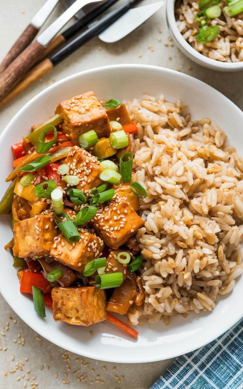Tofu Stir-Fry: A Quick &Amp; Crispy Veggie-Packed Delight 8 A plate of tofu stir-fry topped with green onions and sesame seeds, served next to brown rice.