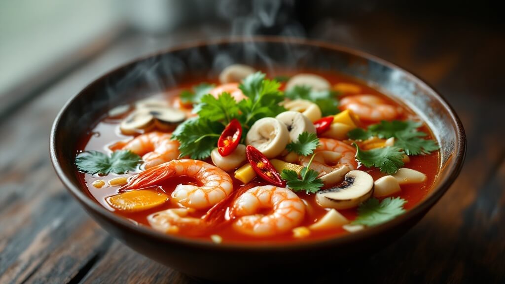 "high-resolution food photography of authentic tom yum soup with shrimp, mushrooms, lemongrass, kaffir lime leaves, and galangal; garnished with cilantro and thai chilies, served in a vibrant bowl on a wooden surface. "
