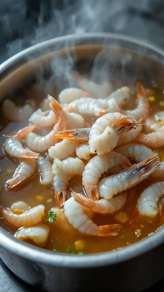 Overhead view of raw shrimp shells being added to steamy aromatic broth with floating ingredients, turning slightly golden.