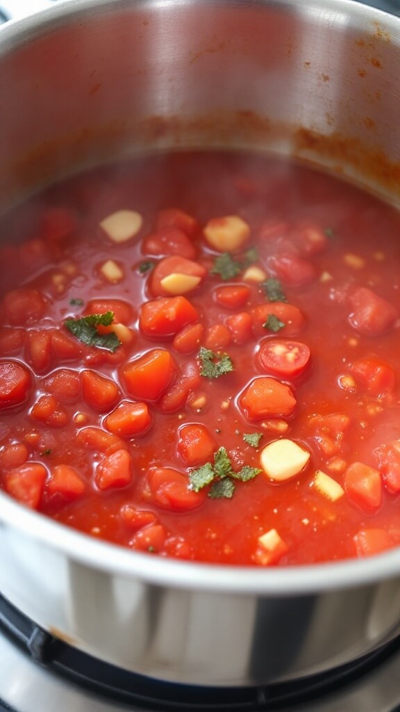 Simmering tomato sauce with garlic and oregano in a stainless steel saucepan on stovetop