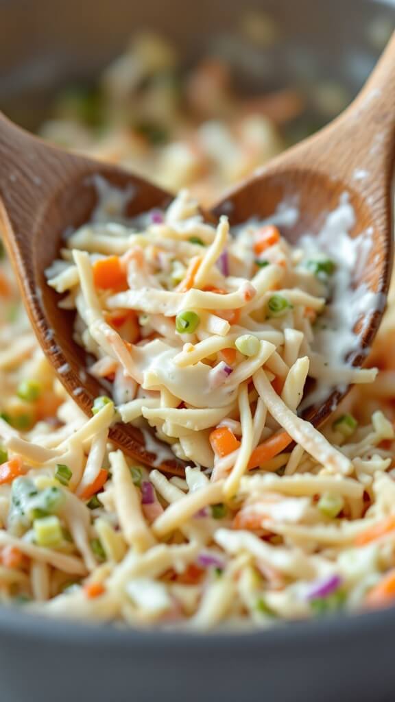 Perfect Keto Coleslaw (Quick &Amp; Creamy) 6 Two wooden spoons mixing coleslaw, showcasing the creamy dressing covering the vegetables