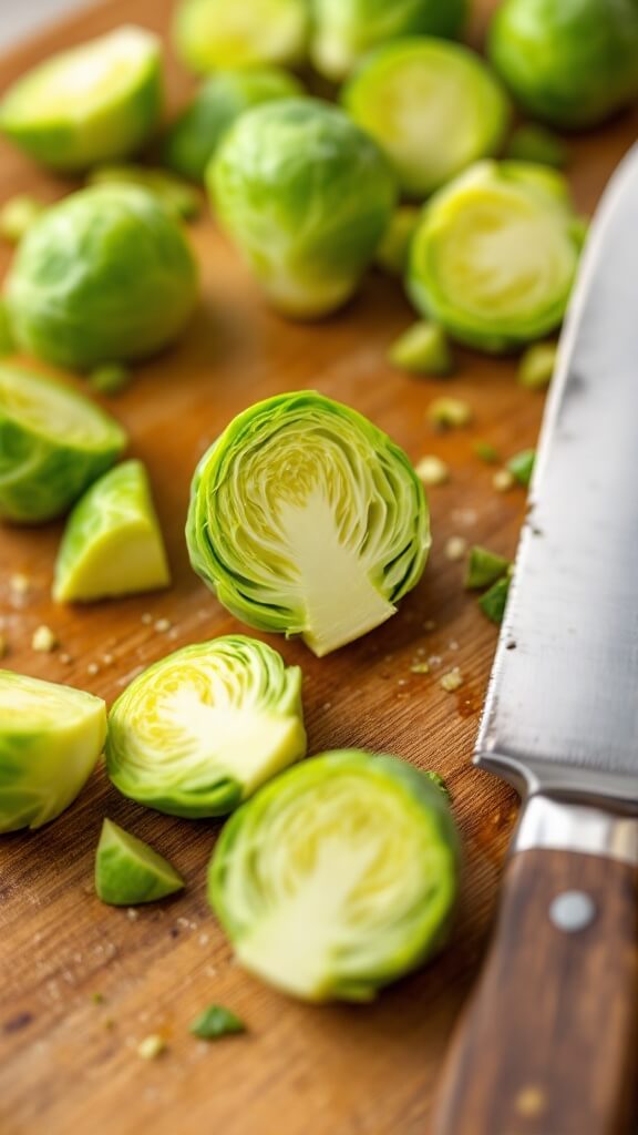 Brussels Sprout Hash 3 Close-up of halved brussels sprouts on wooden cutting board with chef's knife