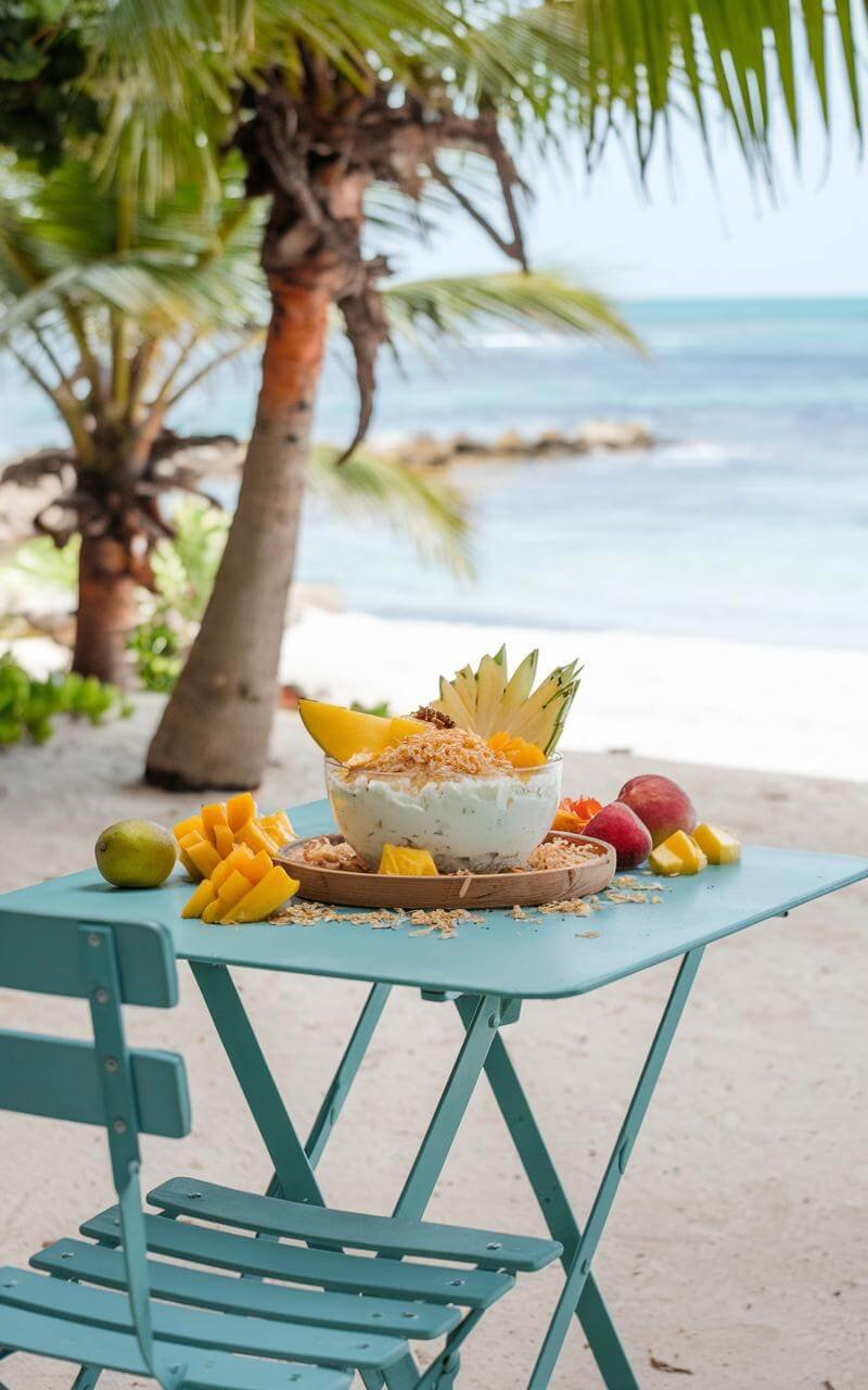 A peaceful beach scene with a small table and chair, showcasing a tropical cottage cheese bowl garnished with mango, pineapple, and toasted coconut.