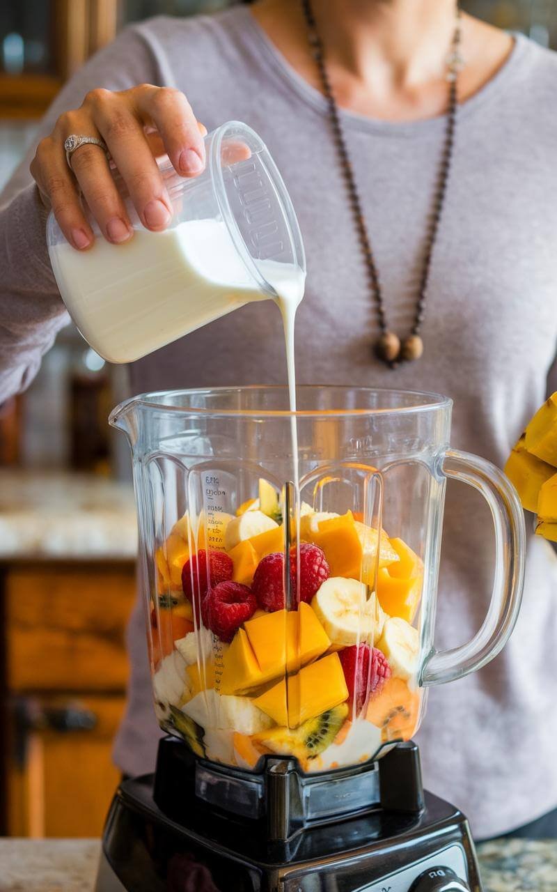 Protein Smoothie Bowl: Your Ultimate Post-Workout Powerhouse 6 Tropical fruit smoothie bowl with almond milk, topped with sliced kiwi, berries, and coconut shavings.
