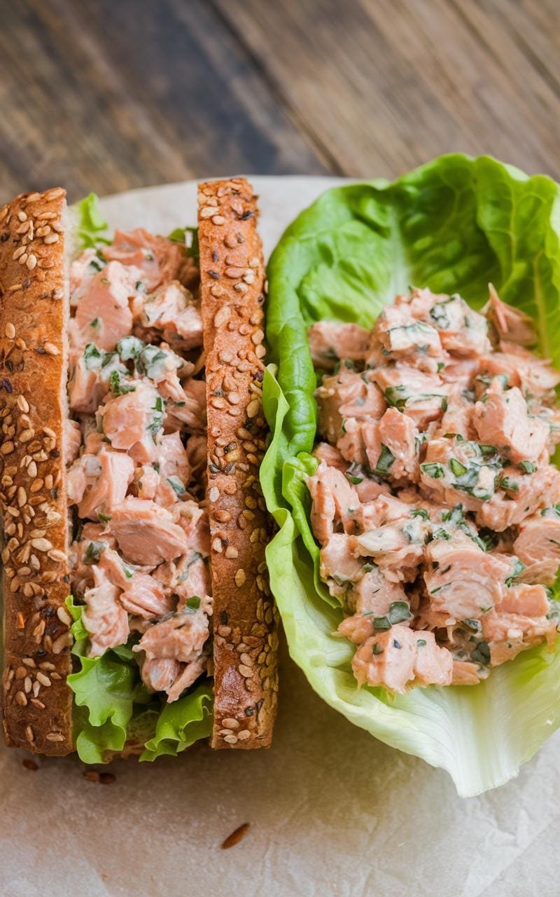 Comparison of a tuna sandwich and a lettuce cup placed side by side.