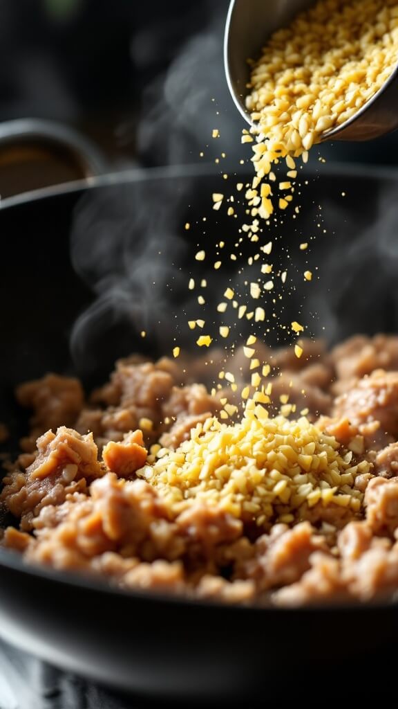 Asian Turkey Lettuce Wraps 5 Adding minced garlic and grated ginger to browned turkey meat in a sizzling wok, steam rising