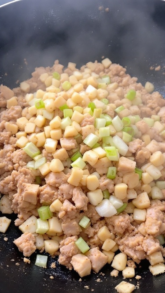 Asian Turkey Lettuce Wraps 7 Preparing turkey mixture with diced water chestnuts and green onions in a steaming wok