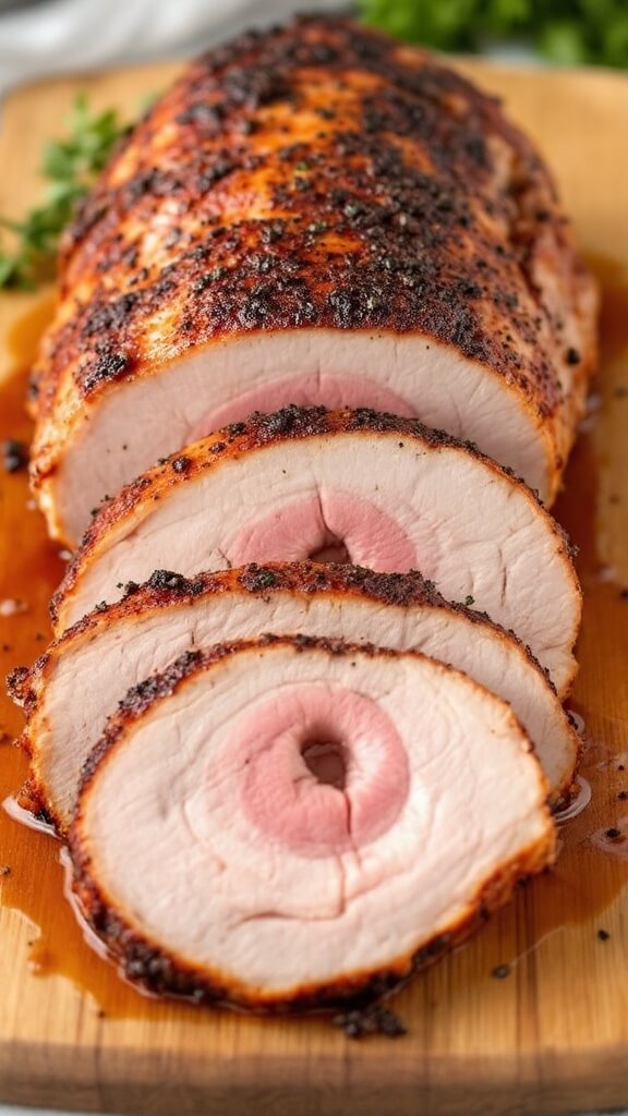 Sliced smoked turkey breast on wooden board showing pink smoke ring and natural juices