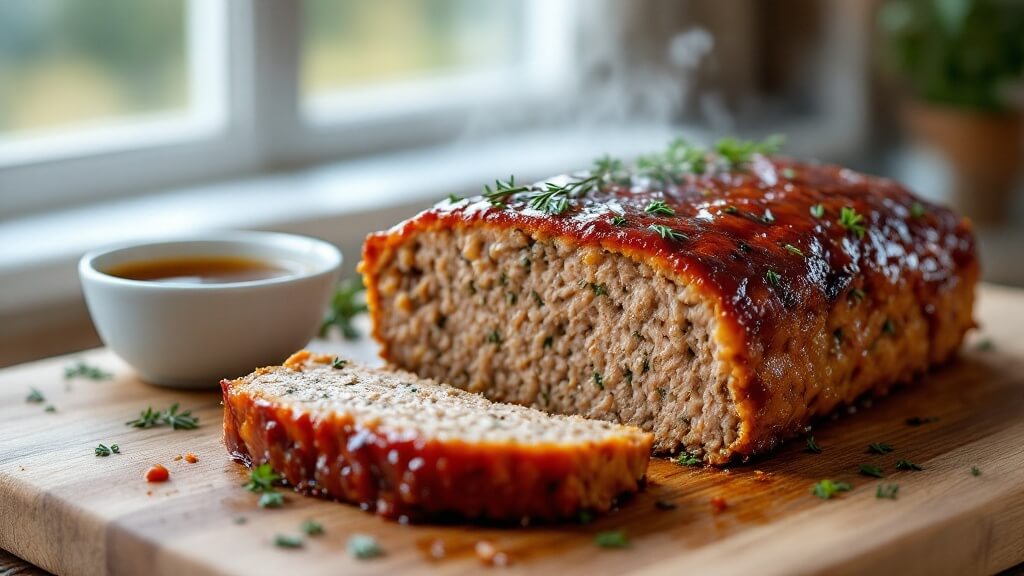 Classic Turkey Meatloaf Recipe - Moist &Amp; Flavorful 2 "glazed turkey meatloaf with herbs on a rustic cutting board"