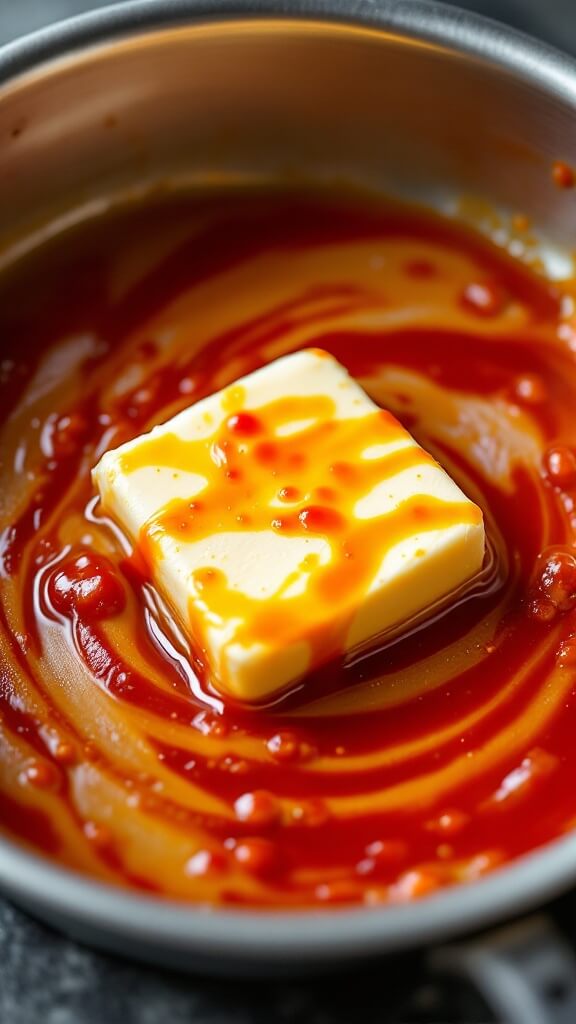 Crispy Cauliflower Wings (Vegan &Amp; Air Fryer/Oven Options) 8 Vegan butter melting with red hot sauce and maple syrup in a stainless steel saucepan, forming a glossy mixture