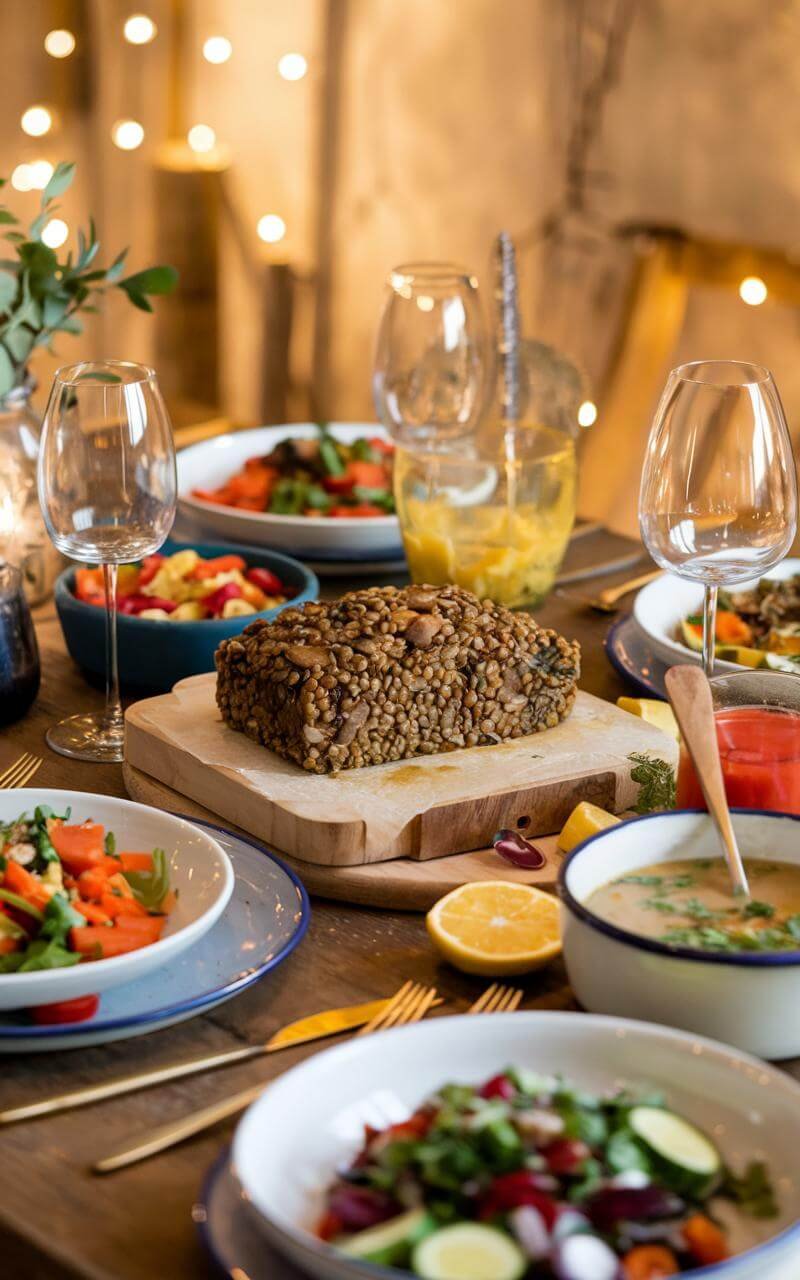 Lentil And Mushroom Loaf: A Hearty Vegan Delight 3 A cozy dining table set with a lentil and mushroom loaf as the centerpiece, surrounded by colorful vegan side dishes, wine glasses, and warm, inviting decor.