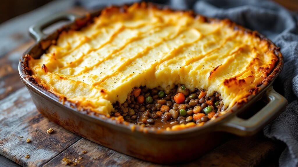 "vegetarian shepherd's pie in a ceramic baking dish, with mashed potato topping and visible lentil filling, on a wooden surface in warm lighting. "