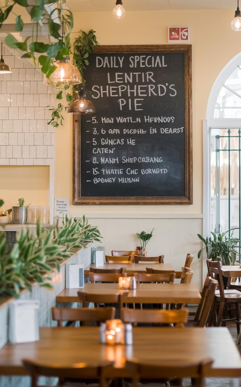 Cozy vegetarian cafe interior with a chalkboard menu highlighting a lentil shepherd's pie special.