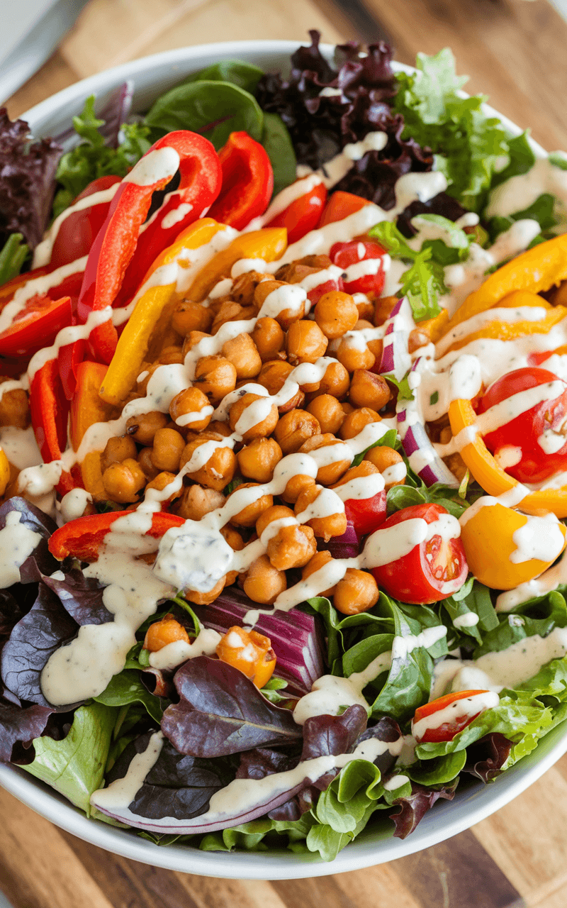A bowl of mixed greens, roasted chickpeas, and vibrant vegetables topped with creamy dressing.