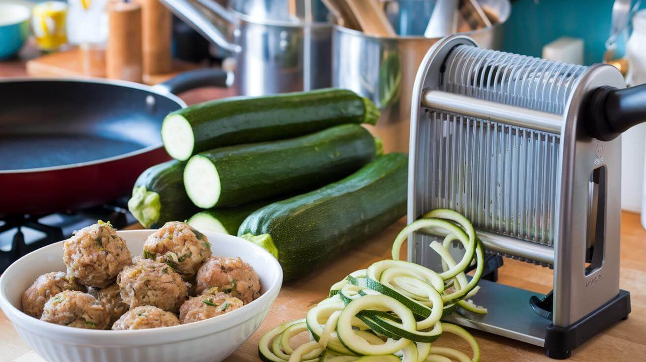 "kitchen countertop with a spiralizer, fresh zucchinis and bowl of uncooked turkey meatballs"