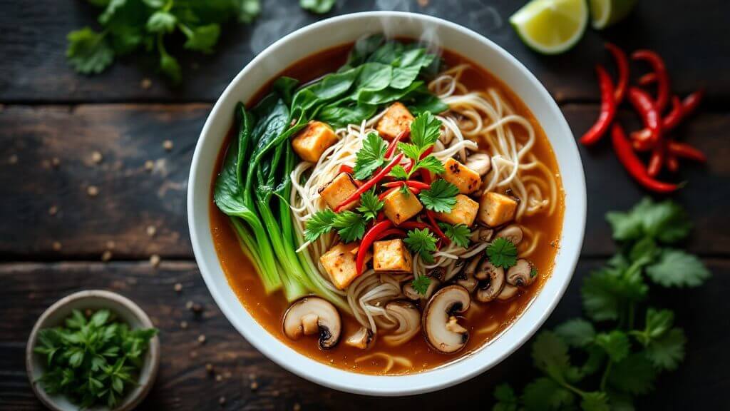 "overhead view of hot vietnamese vegetable pho in a white ceramic bowl, with clear broth, charred onions, aromatic spices, rice noodles, bok choy, cubed tofu, mushrooms, fresh herbs and garnishes on a dark wooden surface. "