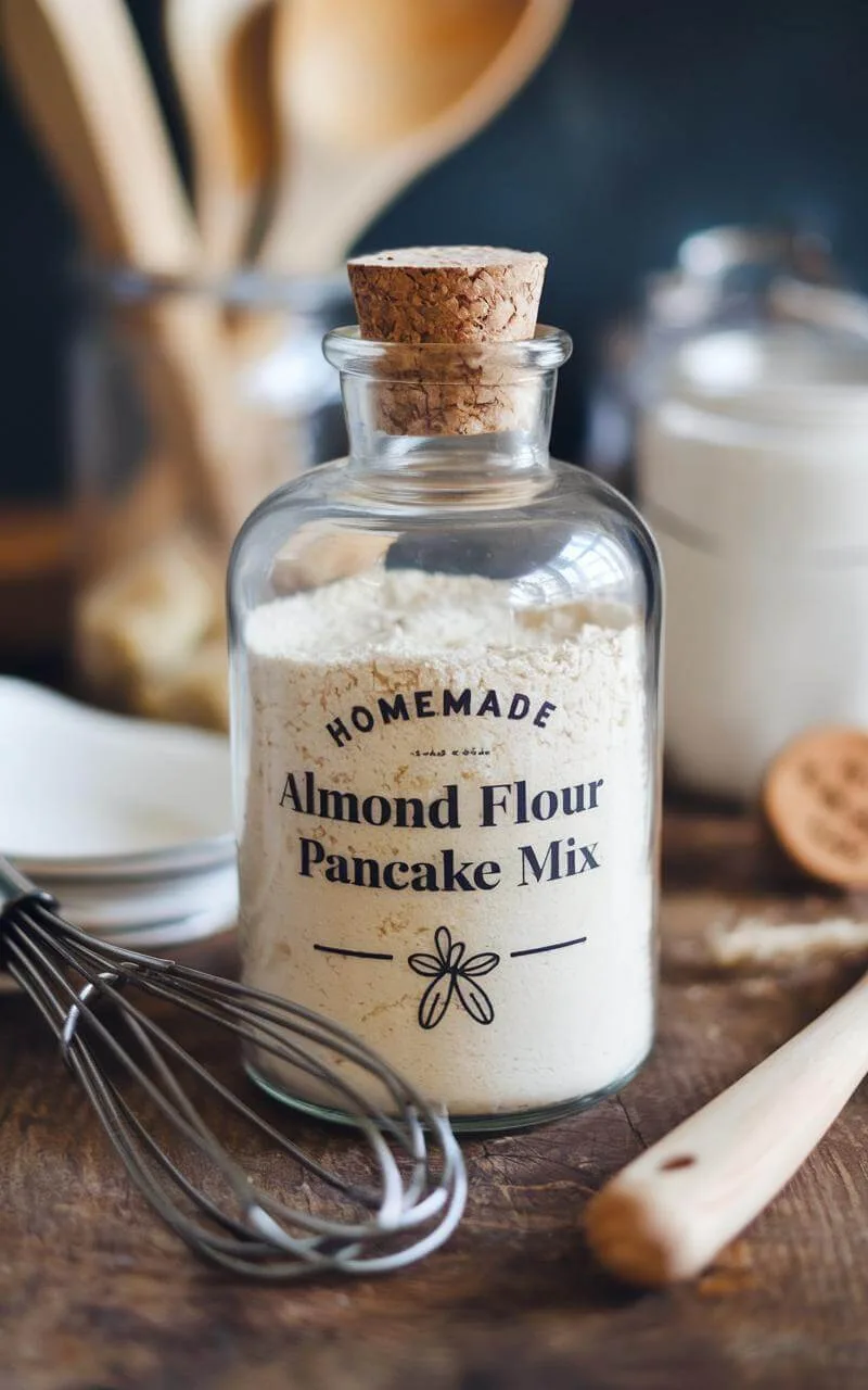 Almond Flour Pancakes: The Ultimate Gluten-Free Breakfast Treat 4 Vintage glass jar filled with almond flour pancake mix on a rustic wooden table.