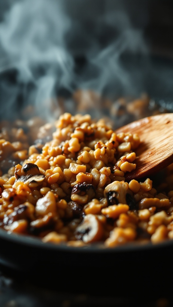 Walnut Mushroom Taco &Quot;Meat&Quot; (Vegan, 20-Minute Recipe) 7 Wooden spatula stirring browning walnut-mushroom mixture in a skillet with steam rising