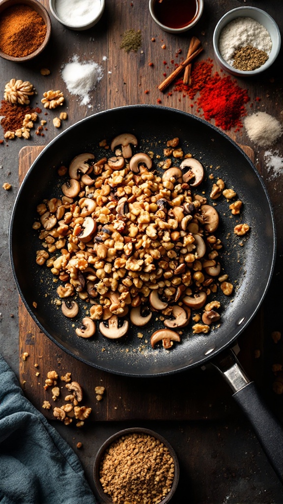 Walnut Mushroom Taco &Quot;Meat&Quot; (Vegan, 20-Minute Recipe) 6 Overhead view of walnut and mushroom mixture being added to sizzling skillet, surrounded by assorted spices and seasonings
