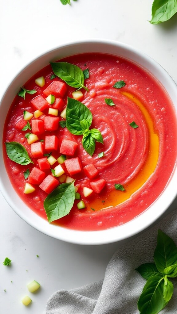 Watermelon Gazpacho - A Refreshing No-Cook Summer Soup 8 Overhead view of gazpacho soup garnished with diced watermelon, cucumber, fresh basil, and a drizzle of olive oil in a white bowl