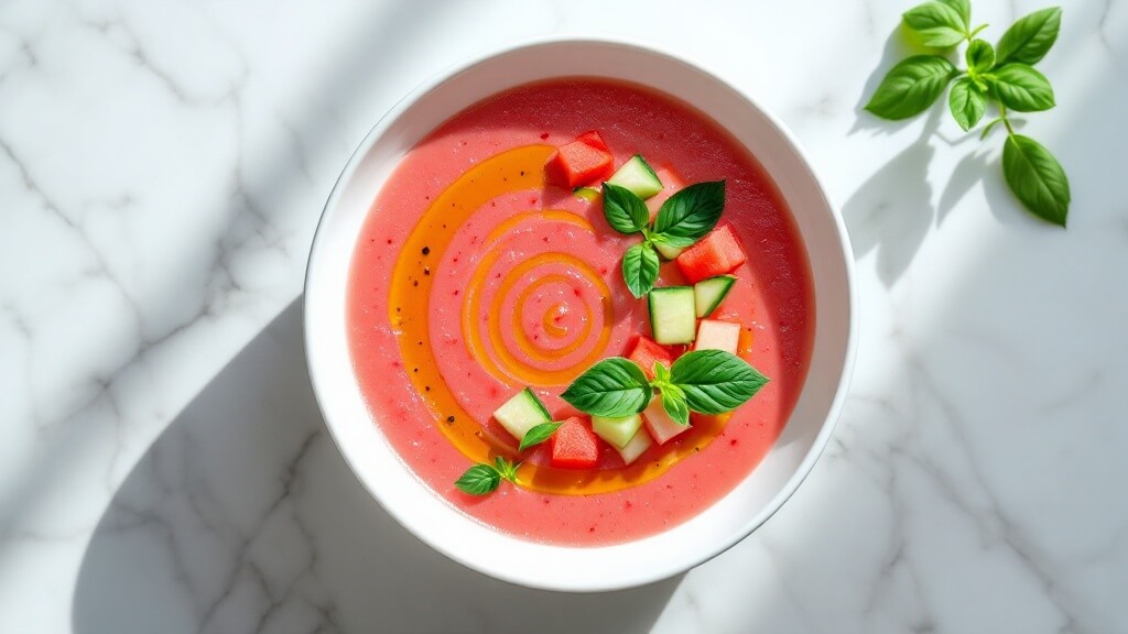 Watermelon Gazpacho - A Refreshing No-Cook Summer Soup 2 "overhead shot of a vibrant pink watermelon gazpacho in a white ceramic bowl, garnished with watermelon chunks, cucumber, fresh basil, and a drizzle of olive oil on a marble surface"