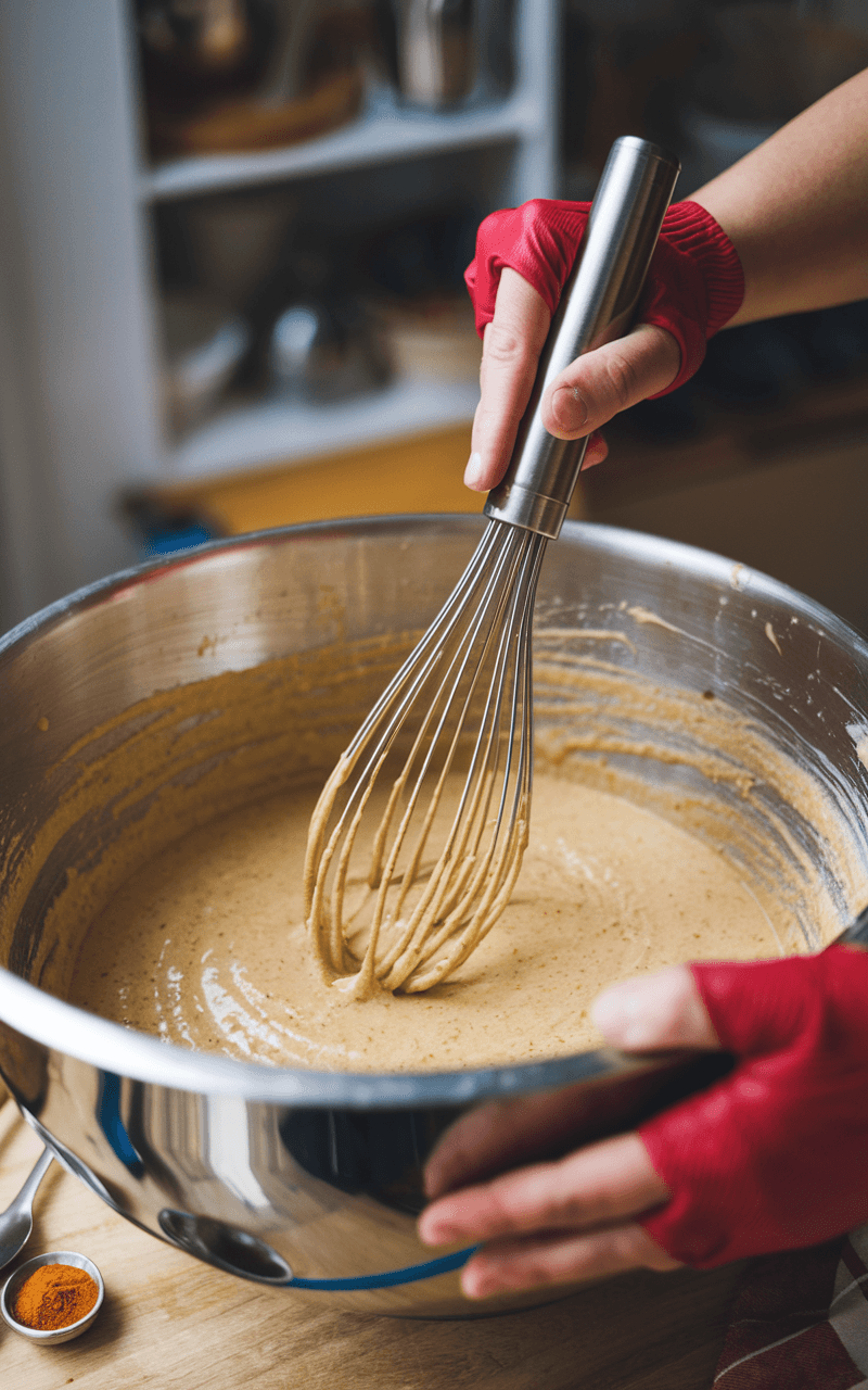 Buffalo Cauliflower Wings: Crispy, Spicy, And Surprisingly Healthy! 5 Hands whisking smooth batter with visible specks of spices in a large mixing bowl.