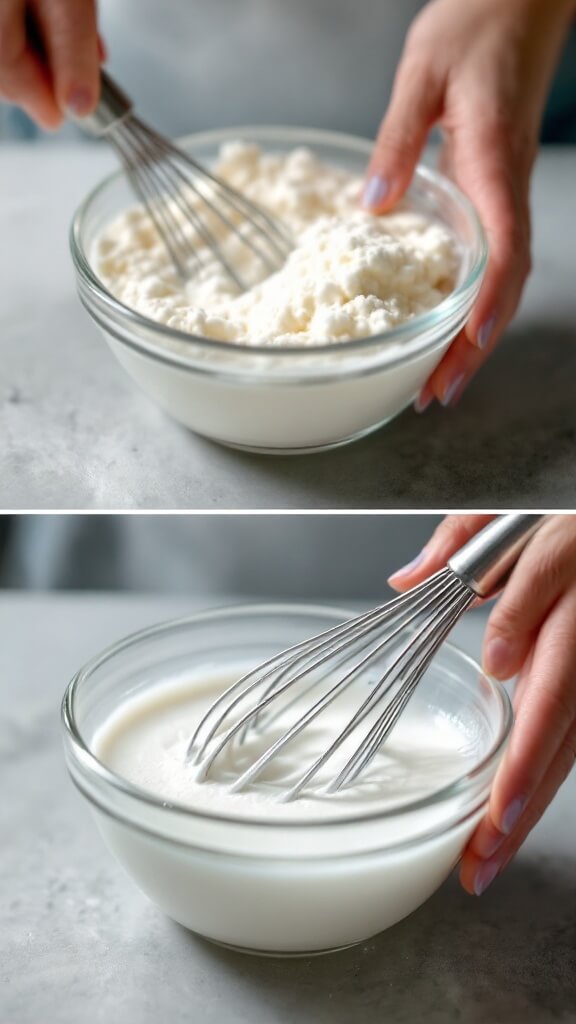 Chinese Egg Drop Soup (蛋花汤) 4 Hands whisking cornstarch and water in a glass bowl, transitioning from cloudy to translucent slurry