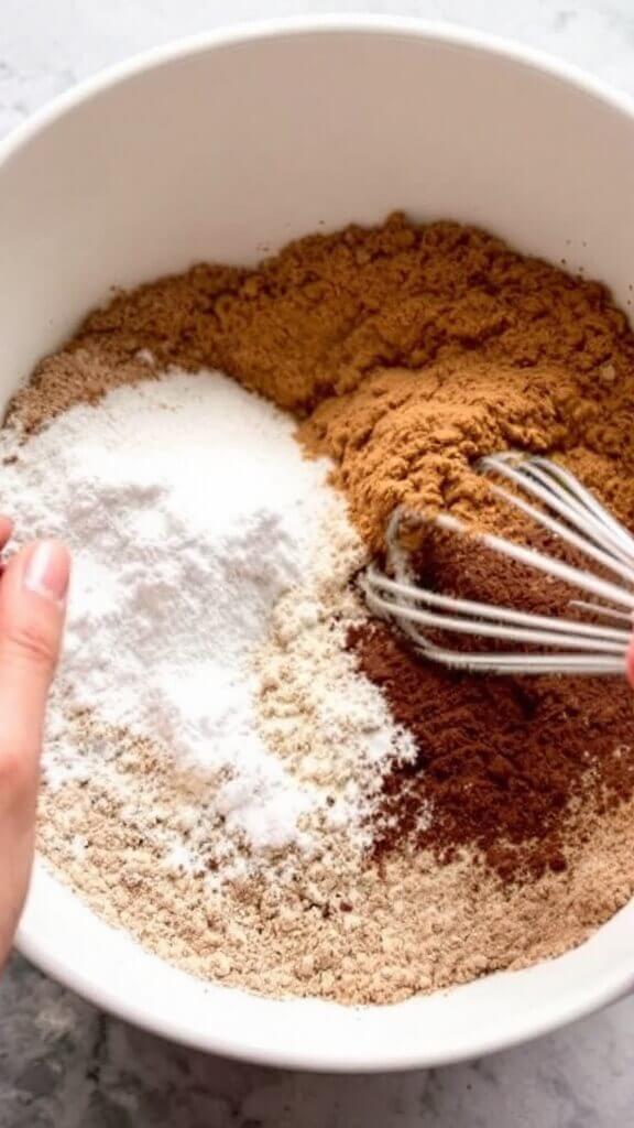 The Ultimate Fudgy Keto Brownies Recipe 5 Hands whisking almond flour, cocoa powder, and baking powder in a white ceramic bowl