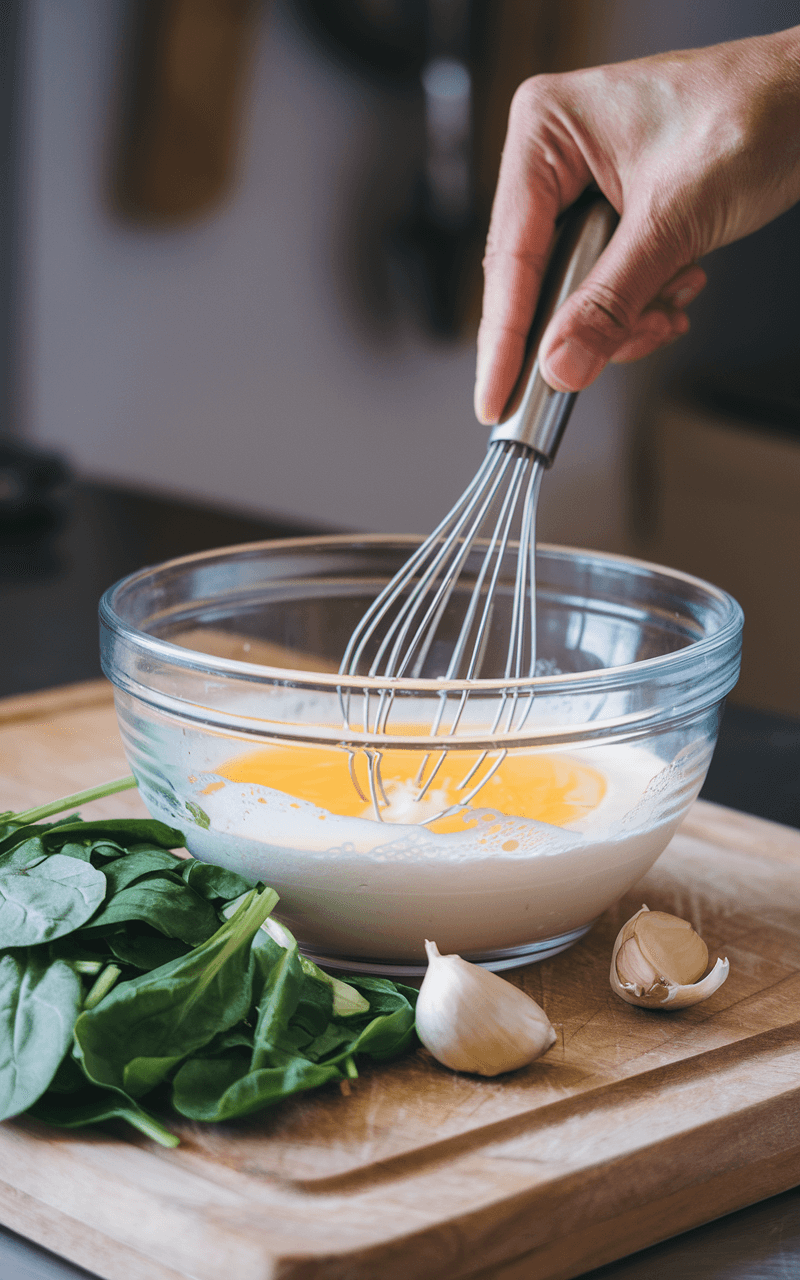 A hand whisking frothy egg whites in a glass bowl, with fresh spinach leaves and garlic cloves on a wooden cutting board in the background.