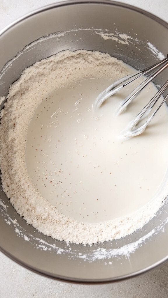 Crispy Cauliflower Buffalo Bites (Vegetarian, Easy Crowd-Pleaser) 4 Overhead view of milk being whisked into dry ingredients in a large mixing bowl, forming light batter with visible spices and tiny air bubbles