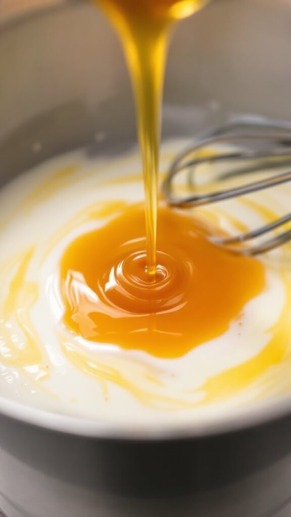 Maple syrup being whisked into a mixture of milk, eggs, and vanilla in a bowl