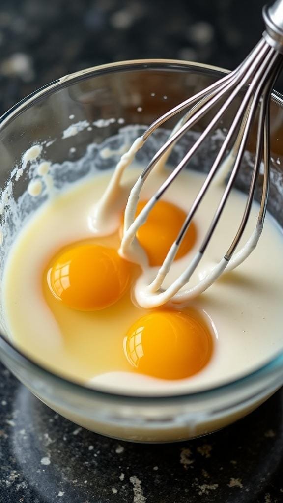 Whisking eggs and cream in a glass bowl on a dark granite countertop