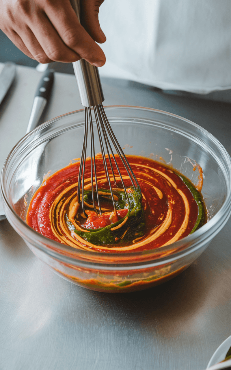 Seitan Stir-Fry: A Protein-Packed Vegan Delight 5 A chef's hand whisking stir-fry sauce in a clear glass bowl, showing the swirling motion and vibrant colors of blended ingredients.