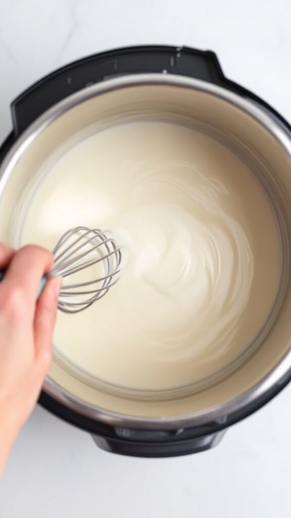 Hands whisking plain yogurt into cooled milk mixture in an instant pot, creating ripple effect in smooth, lump-free liquid