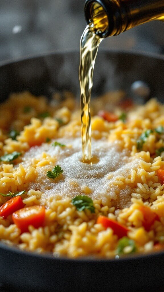 White wine being poured into a pan of toasted rice and vegetables, creating steam and sizzling sound, with liquid bubbling around the ingredients