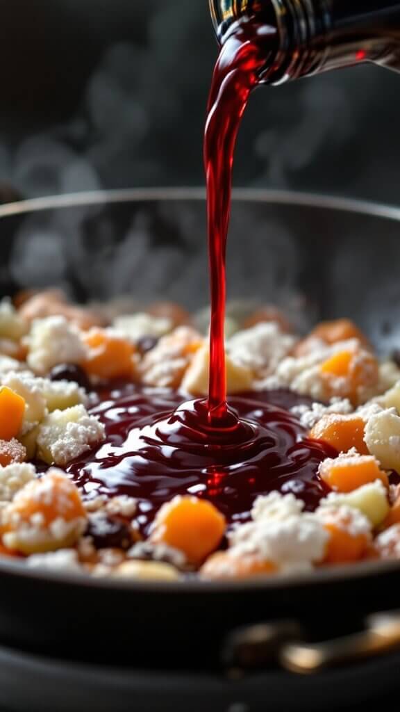 Classic Rabbit Stew (Hasenpfeffer) 8 Wine pouring over flour-coated vegetables in a hot pan, initiating sauce formation with rising steam