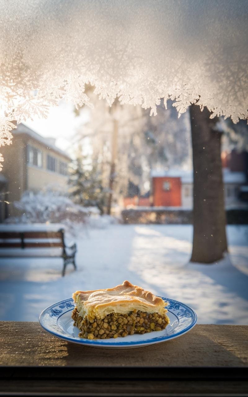 A snowy winter scene seen through a frosted window, with a steaming slice of lentil shepherd's pie in the foreground, highlighting its warm and comforting appeal.