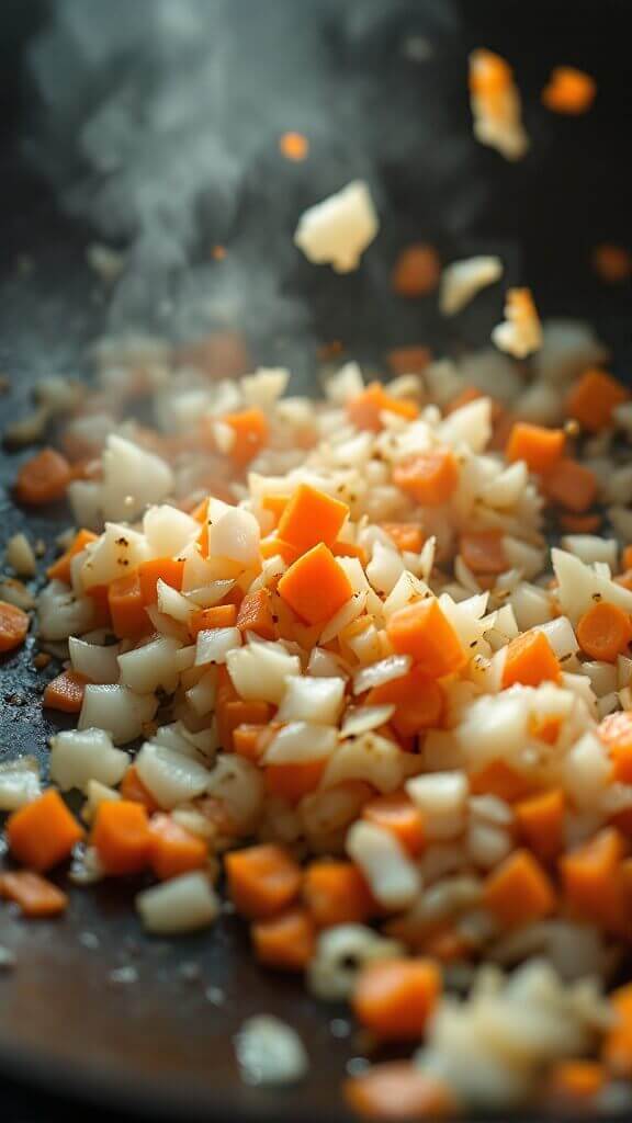 Perfect Cauliflower Fried Rice (Low-Carb, Ready In 25 Minutes) 5 Diced onions and carrots mid-toss in a wok with visible steam and caramelization