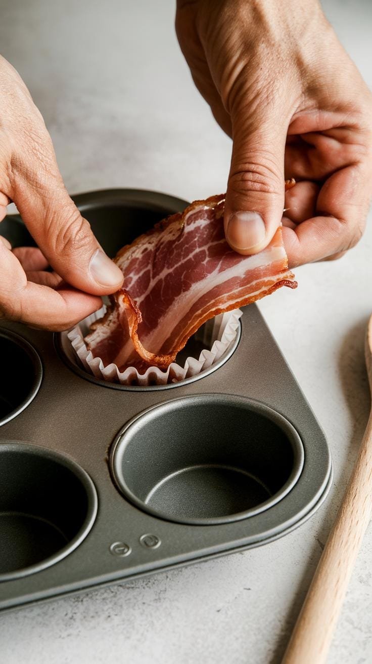 Hands wrapping a slice of partially cooked bacon around the inner edge of a muffin tin cup.