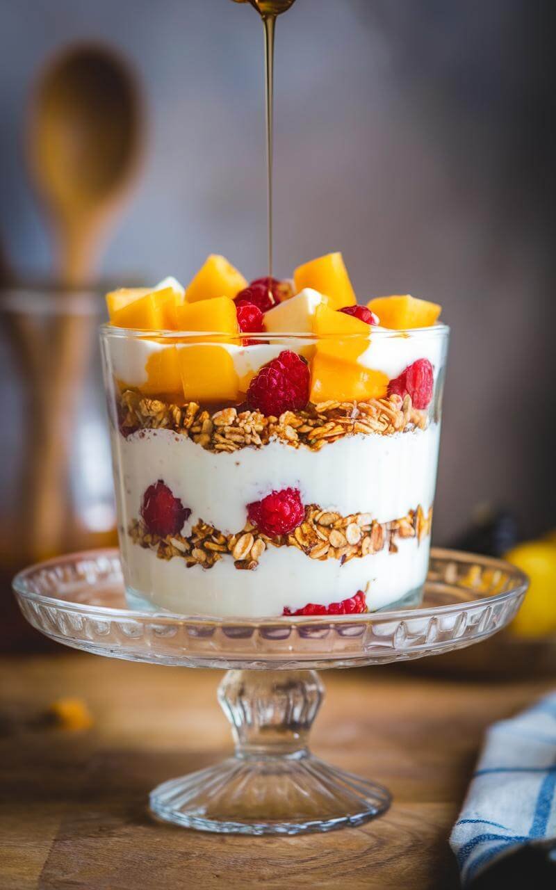 Vintage-style yogurt parfait with honey being poured over layers of fruit and granola