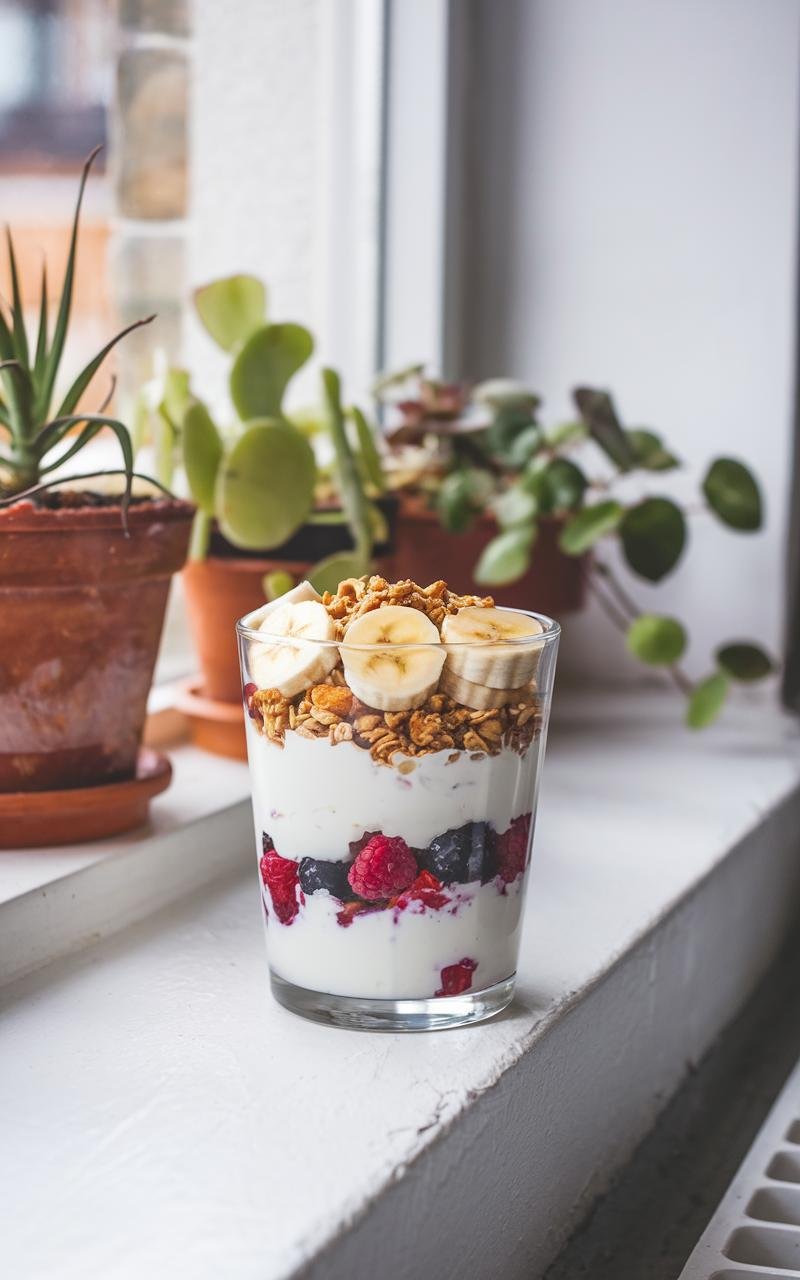 A yogurt parfait with layers of granola and fruit sits on a sunlit windowsill.