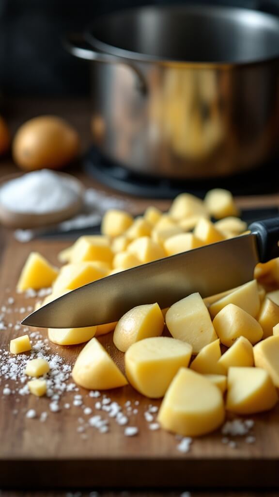 Creamy Cottage Cheese Mashed Potatoes 3 Chef's knife mid-slice through a raw peeled yukon gold potato on a wooden cutting board, scattered salt crystals and pot of water in the background