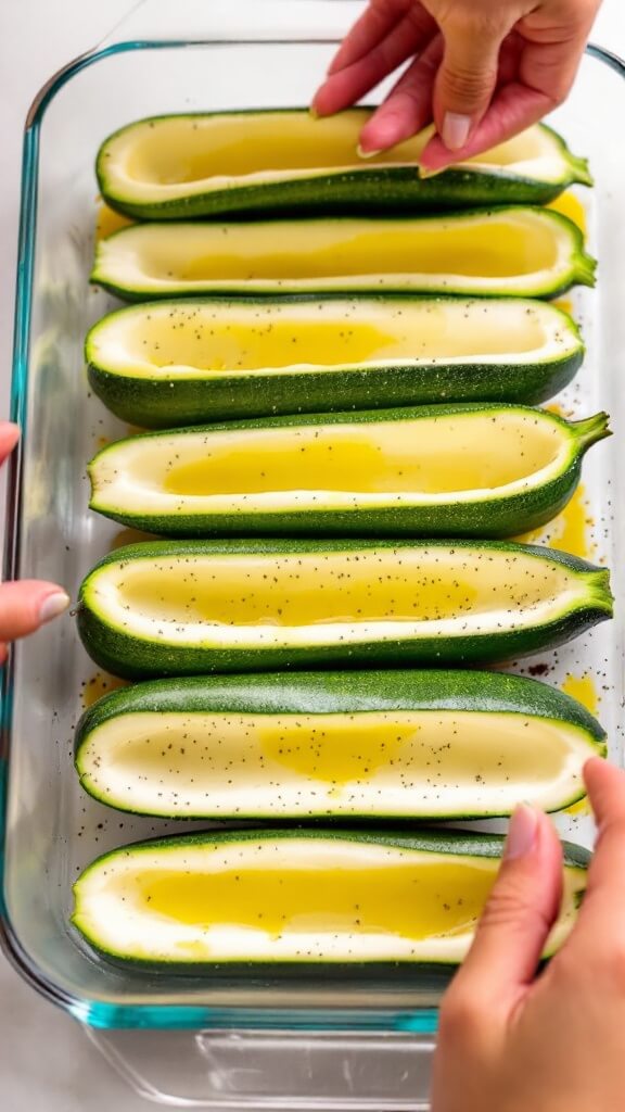 Stuffed Zucchini Boats - A Versatile Low-Carb Dinner 6 Hands arranging seasoned zucchini boats in glass baking dish