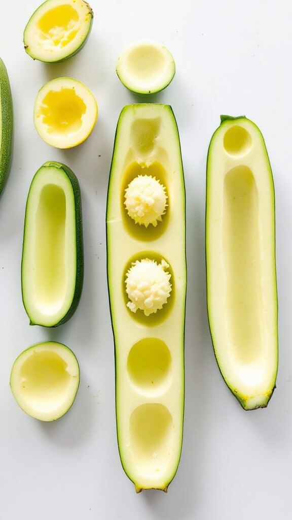 Overhead view of halleyed zucchini boats being hollowed using a melon baller on a clean white surface