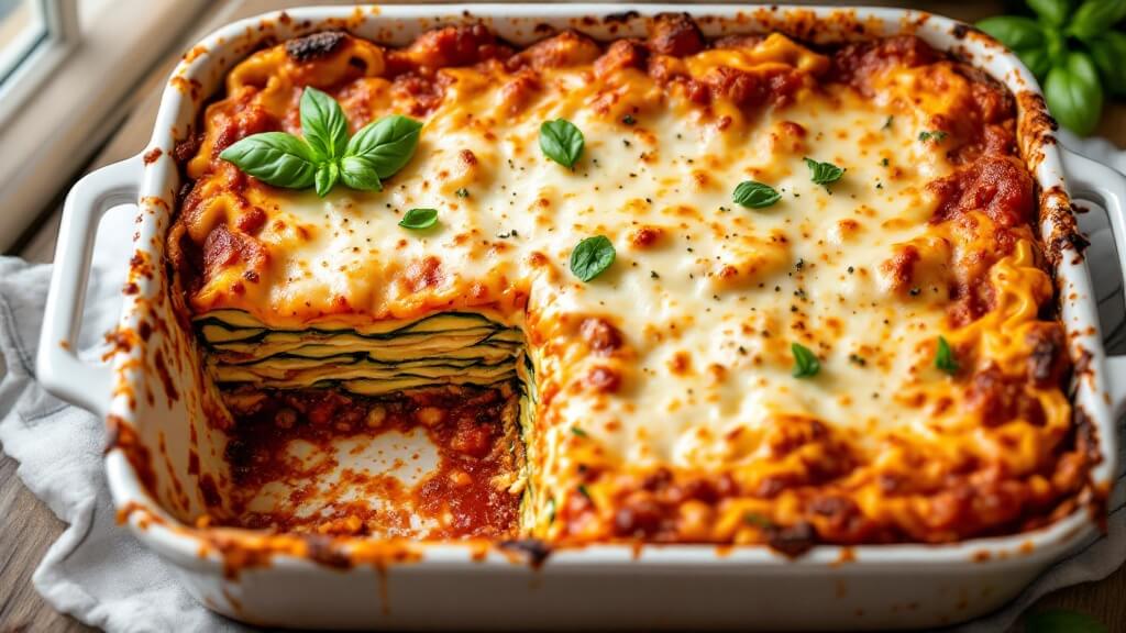 "top-down view of a hot zucchini lasagna in a ceramic dish, showing layers of zucchini, meat sauce and melted cheese, with a corner portion cut to reveal the layers, on a wooden surface. "