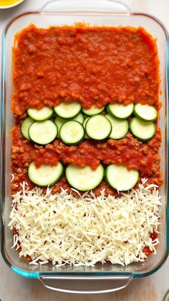 Side view of the layering process in lasagna preparation using red meat sauce, green zucchini strips, and white cheese mixture in a clear 9x13 baking dish
