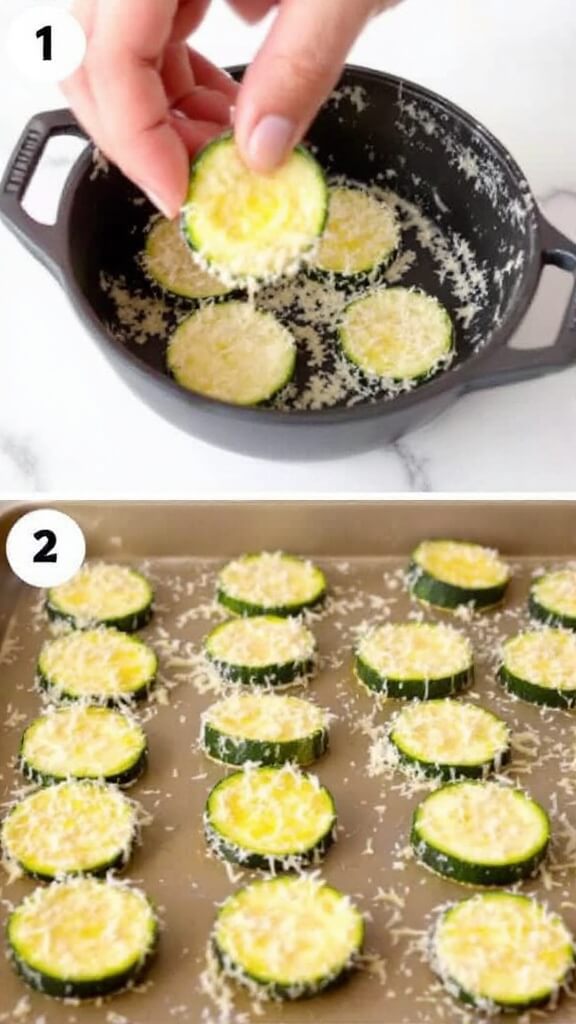 Dipping zucchini rounds in parmesan mixture, with coated pieces prepared for baking